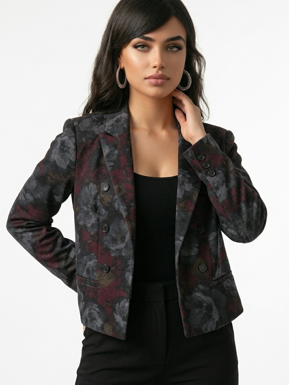Roz & Ali Women's Black and Burgundy Floral Double-Breasted Blazer